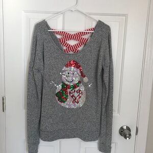 Merry Christmas Poof Sequin Snowman Holiday Sweater Size S